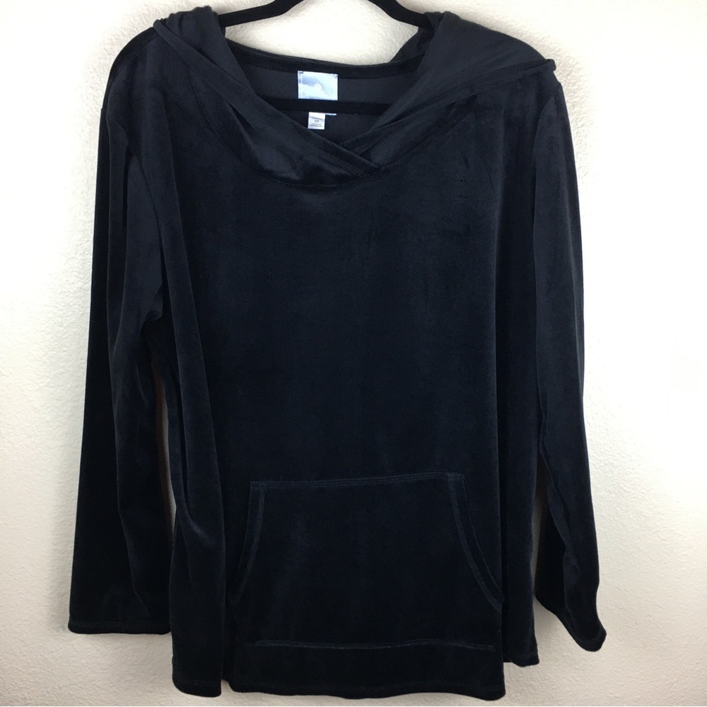 Sunday Women's Black Velour Pullover Hoodie Kangaroo Pocket Size 2X